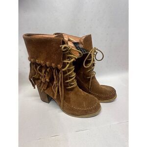 Sbicca Lace Up Wagon Fringe Western Brown Heeled Booties Size 7